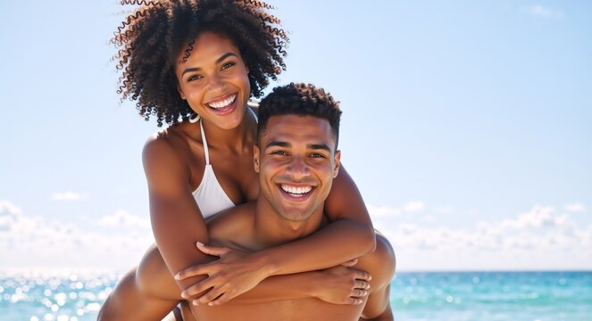 Happy young black couple enjoying a piggyback ride on the beach. Smiling man and woman having fun on a summer vacation. Love and togetherness concept - Powered by Adobe