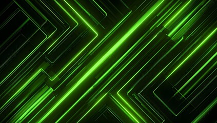 Abstract geometric pattern with vibrant neon green glowing lines creating a futuristic digital network or circuit board design