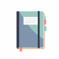 A flat illustration of a closed blue and teal notebook with an elastic band, a bookmark, and colorful section tabs.
