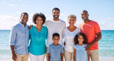 Happy multi-generational african american family smiling for a portrait on the beach. Three generations enjoying a summer vacation together by the ocean