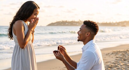 A young man proposing to a surprised woman on a romantic beach at sunset. African american couple getting engaged with a ring by the ocean