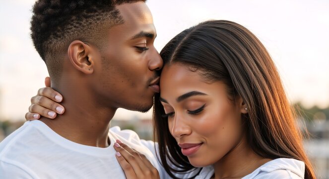 Tender moment of a young black couple in love. Man affectionately kissing woman on the forehead during a romantic embrace outdoors - Powered by Adobe