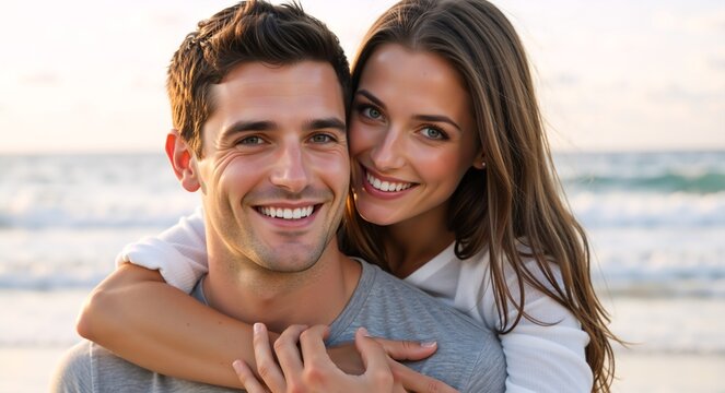 A happy young couple smiling together on the beach at sunset. A romantic portrait of a woman hugging a man from behind. Love and relationship concept