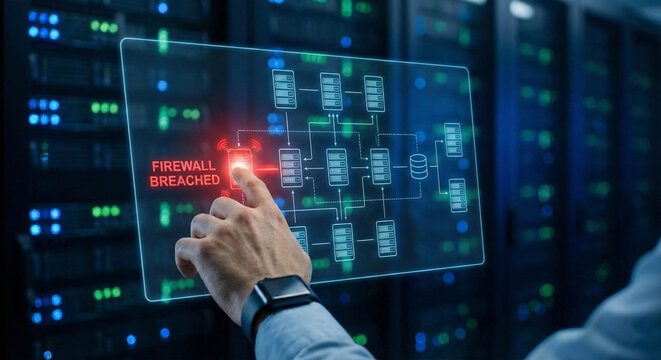 Urgent firewall breach alert in server room needing immediate attention for data security and network protection with focus on resolving cybersecurity threats
