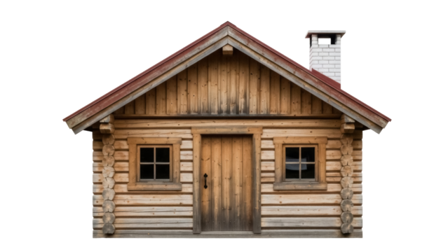 Rustic log cabin isolated PNG on transparent background, charming wooden house with chimney and windows for architectural design projects