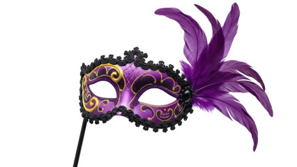 Purple and gold feathered masquerade mask isolated PNG, elegant party decoration on transparent background for festive events and costume design