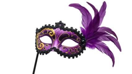 Purple and gold feathered masquerade mask isolated PNG, elegant party decoration on transparent background for festive events and costume design