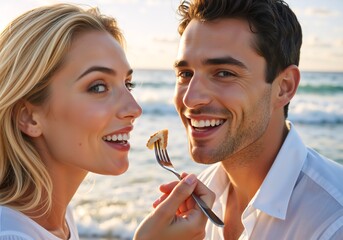 A happy young couple enjoying a romantic moment on the beach. A smiling woman playfully feeds her handsome partner a bite of food from a fork. Love and vacation lifestyle concept