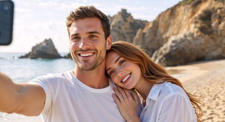 Happy young couple taking a selfie on a sunny beach. Smiling man and woman enjoying a romantic summer vacation together. Love and travel lifestyle