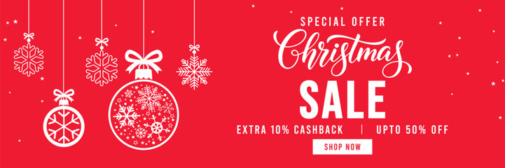 Festive red Christmas sale banner with hanging snowflake ornaments and baubles, elegant Christmas typography, special offer promotion with cashback and discount, ideal for holiday marketing and online
