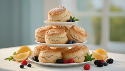 Warm golden brown scones on a tiered porcelain cake stand display