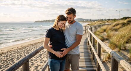 Happy expecting couple touching pregnant belly on a beach boardwalk. Man and woman sharing an intimate moment outdoors. New family and maternity concept