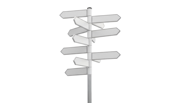 Directional signpost PNG isolated on transparent background, blank road signs pointing in different directions for navigation and wayfinding