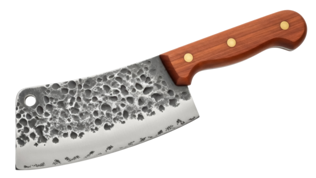 Hand forged meat cleaver isolated PNG, rustic butcher knife with wooden handle on transparent background, vintage style kitchen tool - Powered by Adobe
