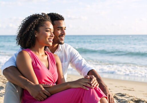 Happy young couple enjoying a romantic moment on the beach. Man and woman embracing and smiling together by the ocean during a summer vacation