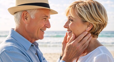 A happy senior couple in love on the beach. An elderly man affectionately holds his wife's face as they smile at each other. Retirement and togetherness concept