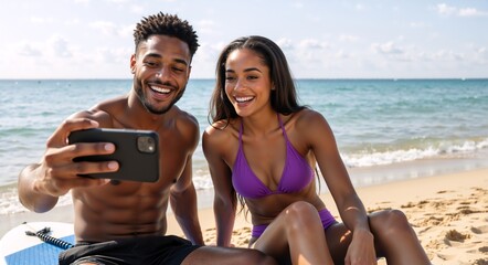 Happy young couple taking a selfie on the beach with a smartphone. Smiling man and woman in swimwear enjoying their summer vacation