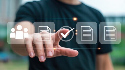 Person interacts with digital interface selecting a verified option among workflow elements
