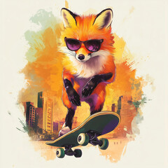 A fox performing a skateboard trick in vibrant urban sunset tones