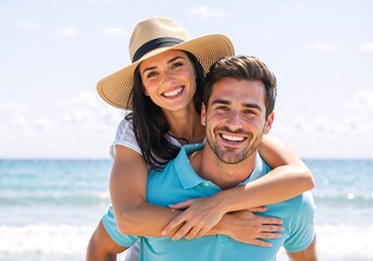 Happy young couple enjoying a piggyback ride on the beach. Smiling man and woman on a summer vacation by the ocean