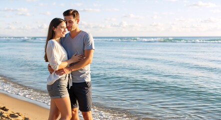 Romantic young couple embracing on the beach. Happy man and woman in love enjoying a summer vacation by the ocean with copy space