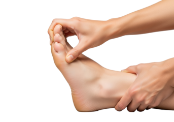 Close-up of a bare adult human hand gently pulling back the toes of a bare adult foot, detailed anatomy, smooth skin, on a clean transparent background, precise self-care and tension relief concept