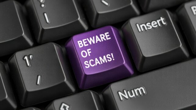 Computer keyboard displays a prominently colored key warning users about deceptive schemes