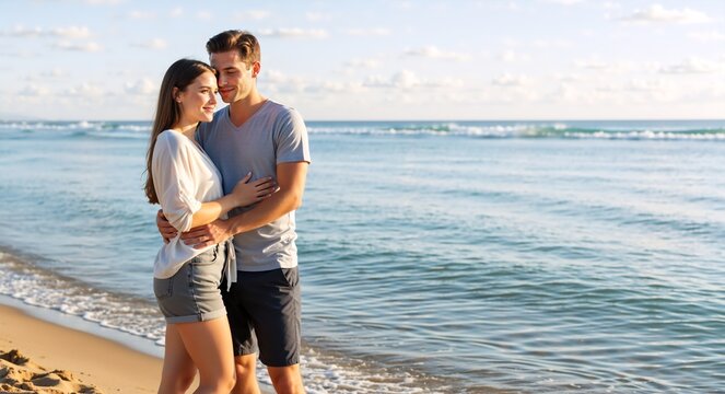 Romantic young couple embracing on the beach. Happy man and woman in love enjoying a summer vacation by the ocean with copy space