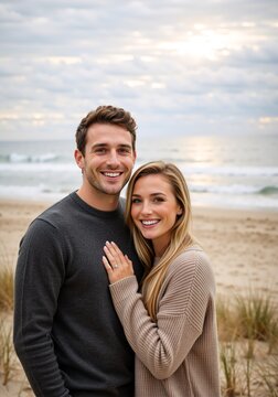 A happy engaged couple smiling for a portrait on the beach. Vertical photo of a romantic man and woman showing a diamond ring. Love and commitment