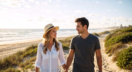 A happy young couple holding hands while walking on a beach path. Romantic man and woman enjoying a summer vacation together