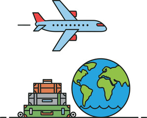 Airplane flies above stacked luggage and globe symbolizing global travel and logistics adventure destination journey isolated on white background