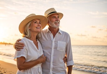 Loving senior couple embracing on the beach during a golden hour sunset. Happy retirement and vacation travel concept for mature adults