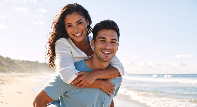 Happy young couple enjoying a piggyback ride on the beach. Smiling man and woman in love on a summer vacation holiday - Powered by Adobe