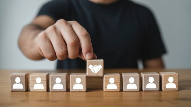Individual places a wooden block symbolizing agreement among a selection of personnel figures
