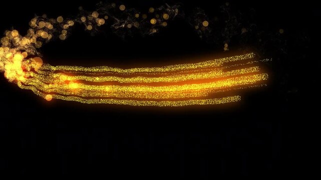 Golden particle swoosh effect with a bright, trailing light line and blurred bokeh spheres. The element rapidly sweeps across the frame, perfect for an elegant transition, logo reveal, or opener .