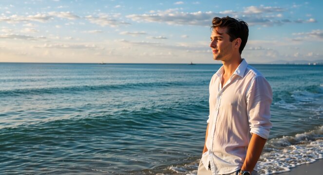 Handsome young man standing on the beach looking at the ocean during a golden hour sunset. Summer vacation and travel lifestyle concept - Powered by Adobe