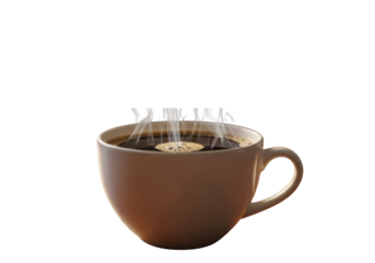 Oversized white ceramic coffee mug with dark coffee, delicate crema, and wispy steam on a polished warm wooden table, blurred cozy background with soft light, tranquil and inviting moment