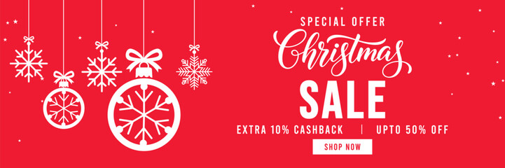 Festive red Christmas sale banner with hanging snowflake ornaments and baubles, elegant Christmas typography, special offer promotion with cashback and discount, ideal for holiday marketing and online