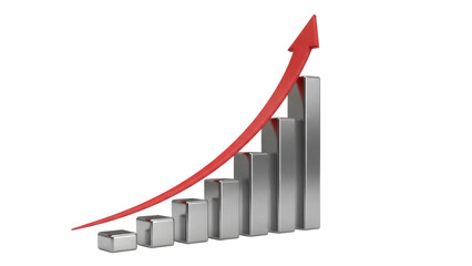 Rising bar graph with red arrow isolated PNG, business growth and success concept on transparent background, financial chart for presentations