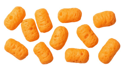 Pile of orange cheese puffs isolated PNG, crunchy snack food for party, picnic, or quick bite on transparent background