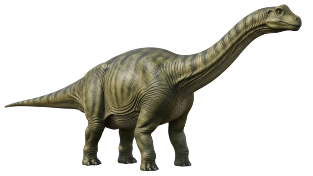 Green sauropod dinosaur isolated PNG, long necked herbivore with striped skin on transparent background for prehistoric animal concepts