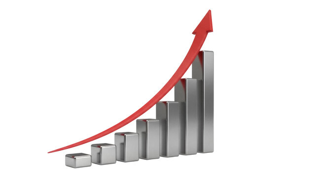 Rising bar graph with red arrow isolated PNG, business growth and success concept on transparent background, financial chart for presentations