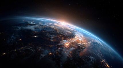 Obraz premium A view of the Earth from space, with the sun rising in the distance. The planet appears to be a dark blue color, and the sky is filled with stars