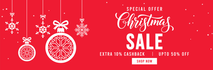 Festive red Christmas sale banner with hanging snowflake ornaments and baubles, elegant Christmas typography, special offer promotion with cashback and discount, ideal for holiday marketing and online