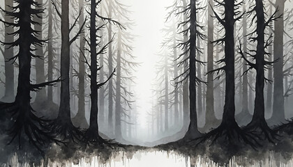 Foggy forest with bare trees and roots