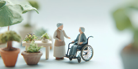 車椅子の高齢者と付き添い人のやさしい時間（3D）／まみおデザイン福祉シリーズ
