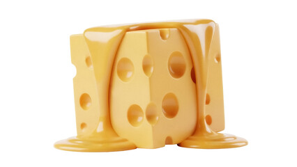 Delicious Swiss cheese cube with melted cheese isolated PNG, appetizing dairy product with holes on transparent background for food design