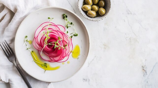 thinly sliced pink radish arranged in a delicate flower shape, with fresh microgreens and olive oil - Powered by Adobe
