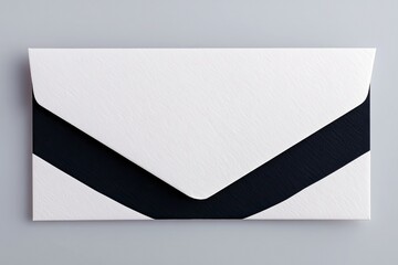 A minimalist image featuring a white envelope with a black stripe against a gray background. The design is clean and modern, highlighting the contrast between t