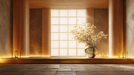 Luxury Modern Japanese Interior with Flower Arrangement and Soft Lighting